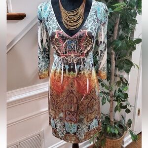 S-Twelve Women's Multicolor Polyester V-Neck Long Sleeve Knee Length Dress small